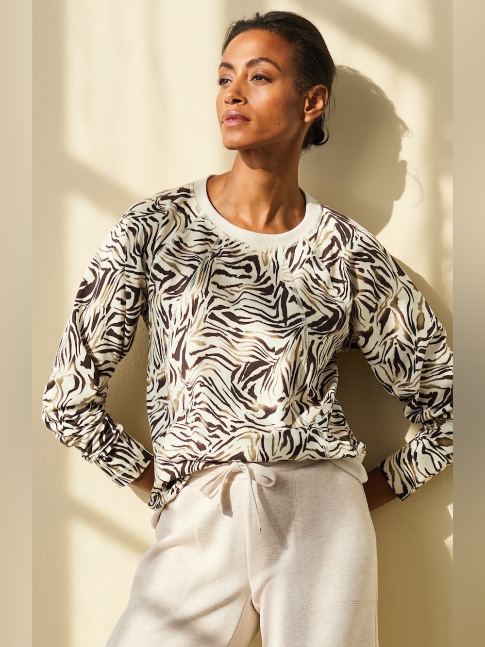 J.Jill Barley Alluring Zebra Animal Print Crewneck Top in Cream and Brown L